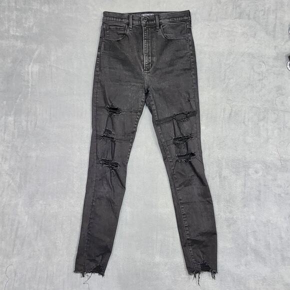 Abercrombie & Fitch Ultra High Rise Super Skinny Ankle 4 Long Black Distressed - Picture 1 of 12